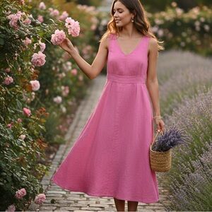 Joie 100% Linen Pink  Midi Dress V-Neck Sleeveless Smocked Waist Pocket Sz 6